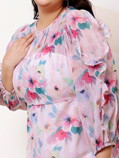 Athena Ample Plus Size Floral Print Ruffled Georgette A-Line Midi Casual Dress - Image 2