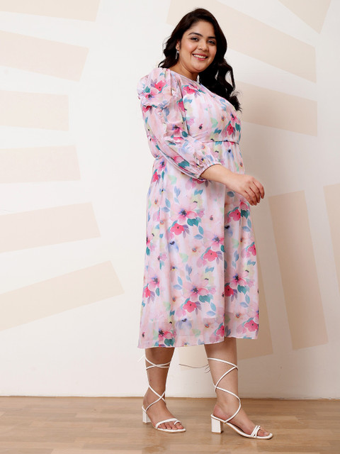 Athena Ample Plus Size Floral Print Ruffled Georgette A-Line Midi Casual Dress - Image 3