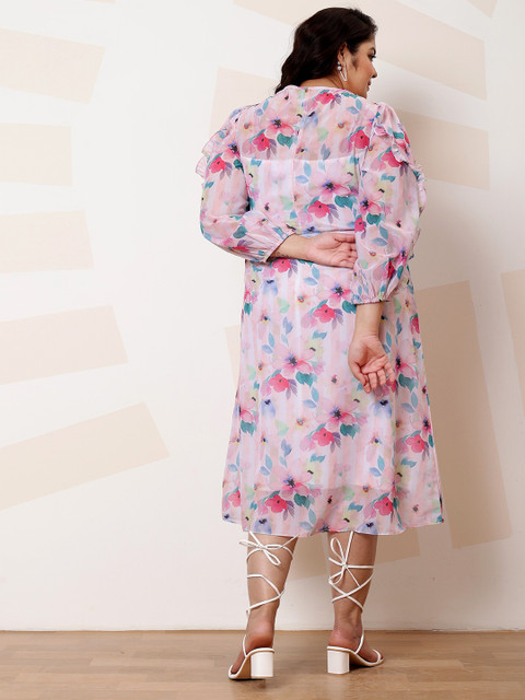 Athena Ample Plus Size Floral Print Ruffled Georgette A-Line Midi Casual Dress - Image 5