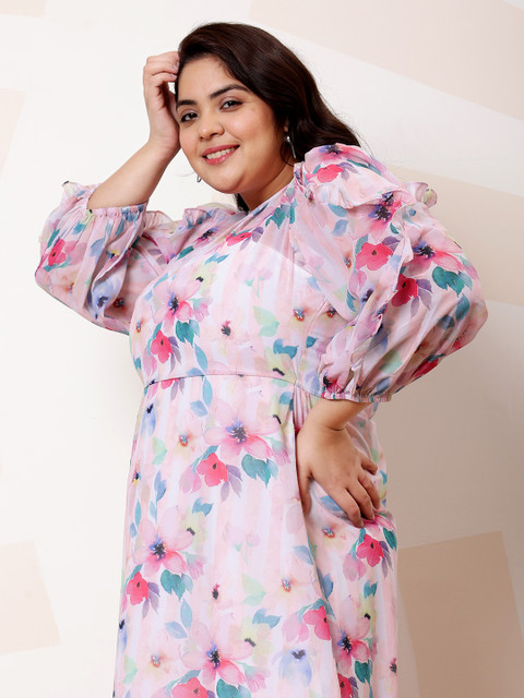 Athena Ample Plus Size Floral Print Ruffled Georgette A-Line Midi Casual Dress - Image 6