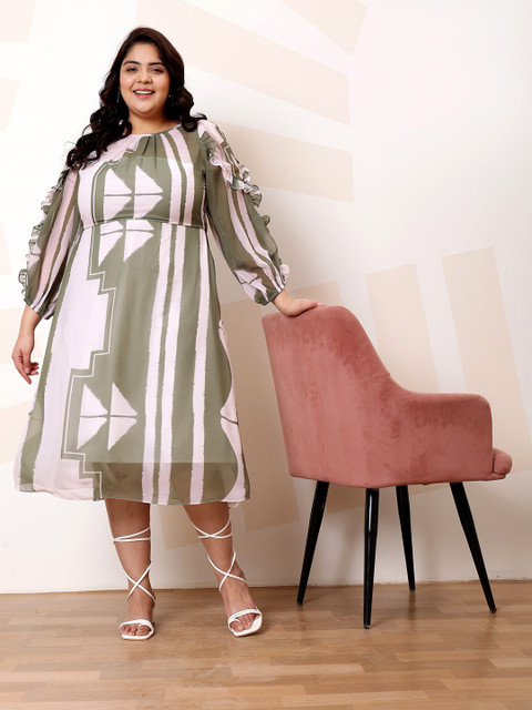 Athena Ample Plus Size Abstract Print Ruffled Georgette A-Line Casual Dress