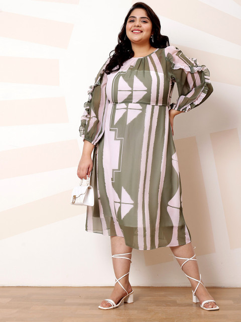 Athena Ample Plus Size Abstract Print Ruffled Georgette A-Line Casual Dress - Image 2