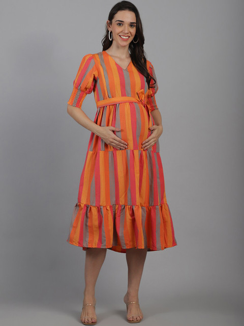 Moms Maternity Striped Puff Shoulder Maternity Empire Midi Dress