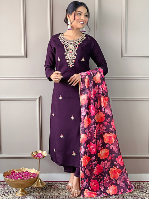 KALINI Floral Embroidered Round Neck Three-Quarter Sleeves Kurta Set
