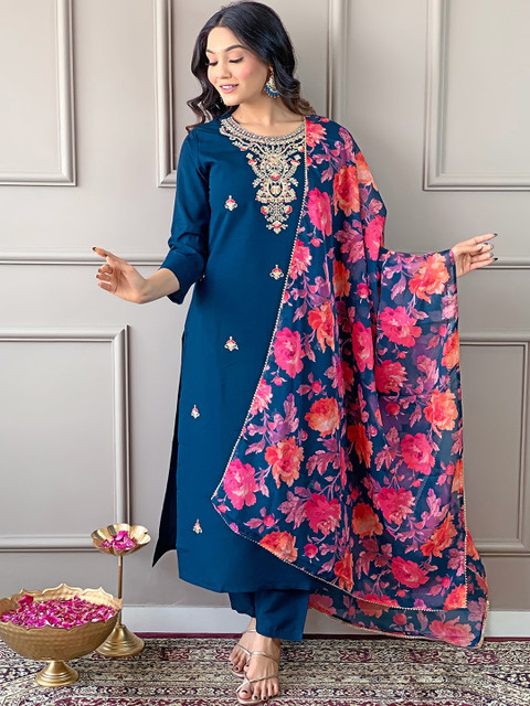 KALINI Floral Embroidered Regular Thread Work Straight Kurta With Trousers & Dupatta - Image 6