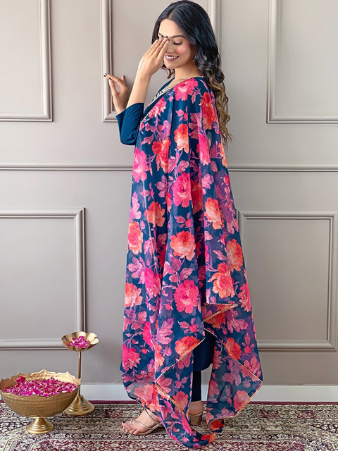 KALINI Floral Embroidered Regular Thread Work Straight Kurta With Trousers & Dupatta - Image 3