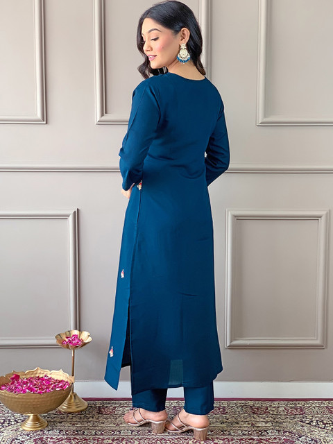 KALINI Floral Embroidered Regular Thread Work Straight Kurta With Trousers & Dupatta - Image 4