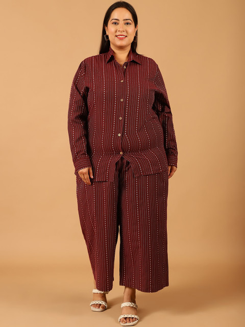 Moms Maternity Plus Size Striped Pure Cotton Shirt With Palazzo