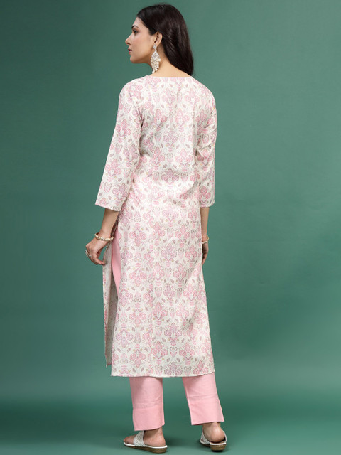 Sangria X fwd Floral Printed Cotton Notch Neck Straight Kurta - Image 4