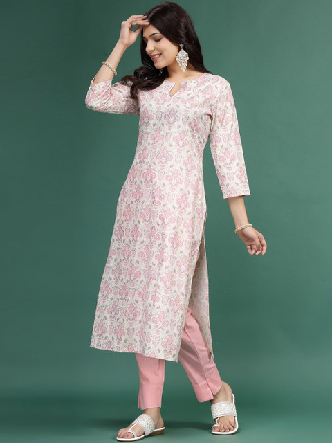 Sangria X fwd Floral Printed Cotton Notch Neck Straight Kurta - Image 3