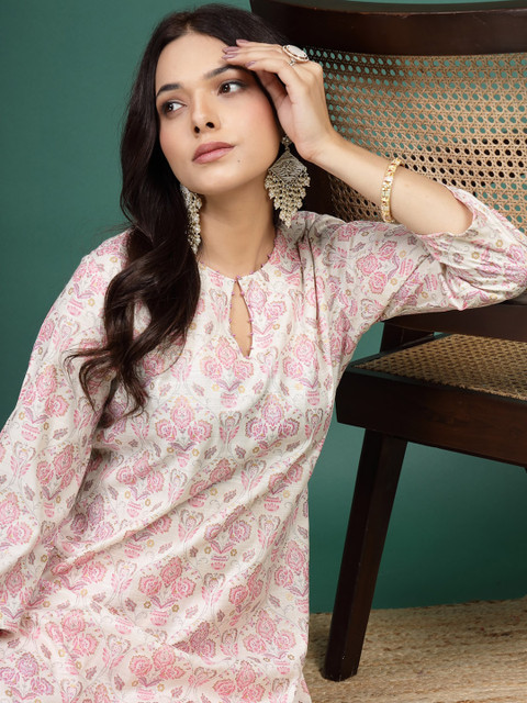 Sangria X fwd Floral Printed Cotton Notch Neck Straight Kurta - Image 5