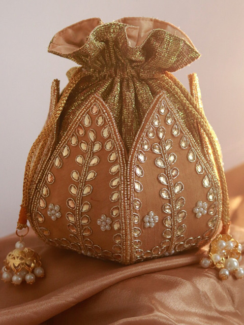 THE TAN CLAN Embroidered Kundan Studded Potli Clutch