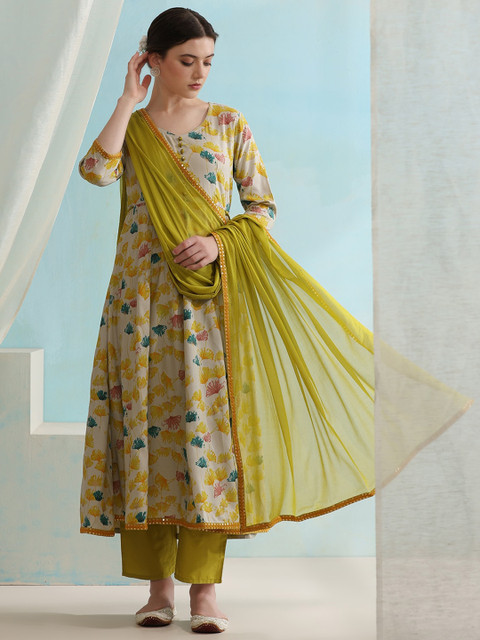 Khushal K Round Neck Floral Printed Anarkali Kurta with Palazzo & Dupatta