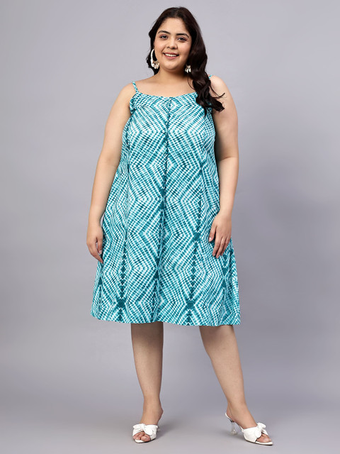 Indietoga Plus Size Shoulder Straps Geometric Print Cotton A-Line Dress