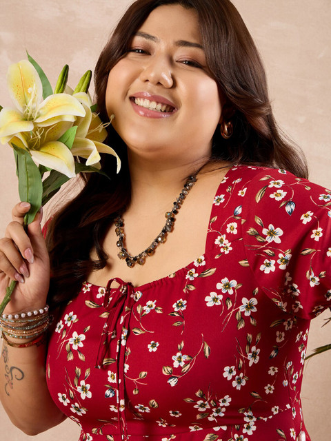 Berrylush Curve Plus Size Floral Printed Sweetheart Neck A-Line Dress - Image 3