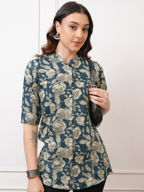 Vishudh Floral Print Three-Quarter Sleeves Shirt Collar Style Top