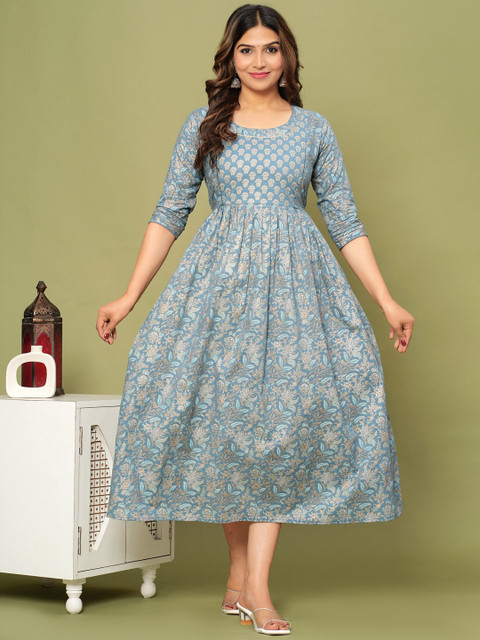 NITVAN Ethnic Motifs Printed Round Neck Three-Quarter Sleeves Anarkali Cotton Kurta