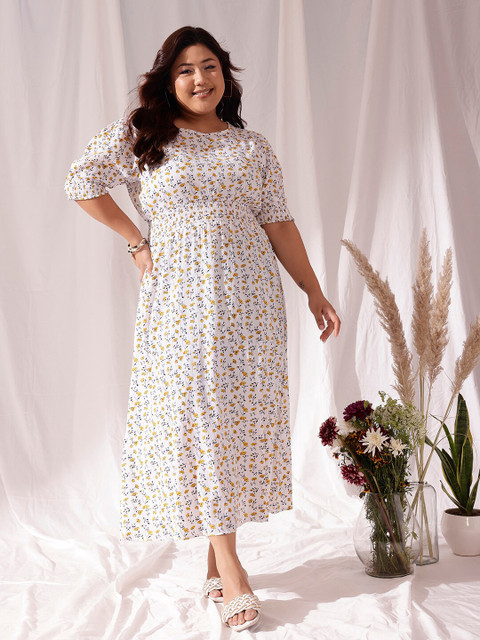 CURVY STREET Plus Size Floral Print Puff Sleeve A-Line Dress