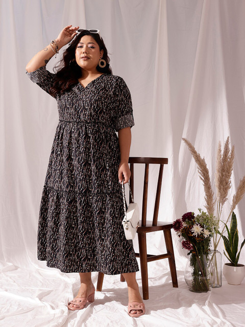 CURVY STREET Black Ethnic Motifs Printed V-Neck Flared A-Line Midi Dress