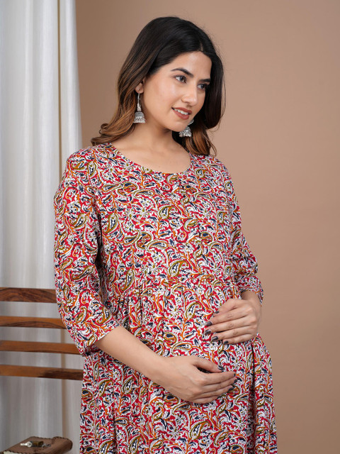 KALINI Floral Printed Maternity A-Line Midi Dress - Image 7