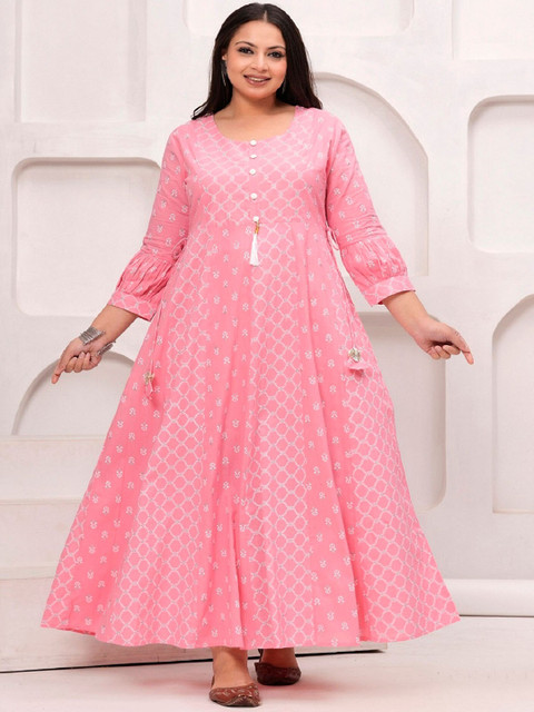 LABULY Plus Size Ethnic Motifs Print Puff Sleeves Pleated Pure Cotton Anarkali Kurta