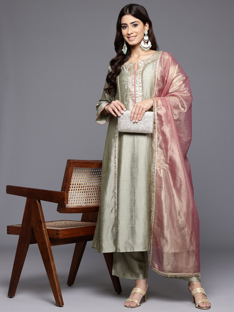 Varanga Floral Yoke Design Sequinned Panelled Anarkali Kurta With Palazzo & Dupatta - Image 7
