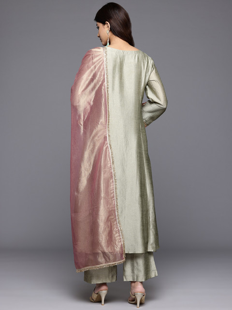 Varanga Floral Yoke Design Sequinned Panelled Anarkali Kurta With Palazzo & Dupatta - Image 6