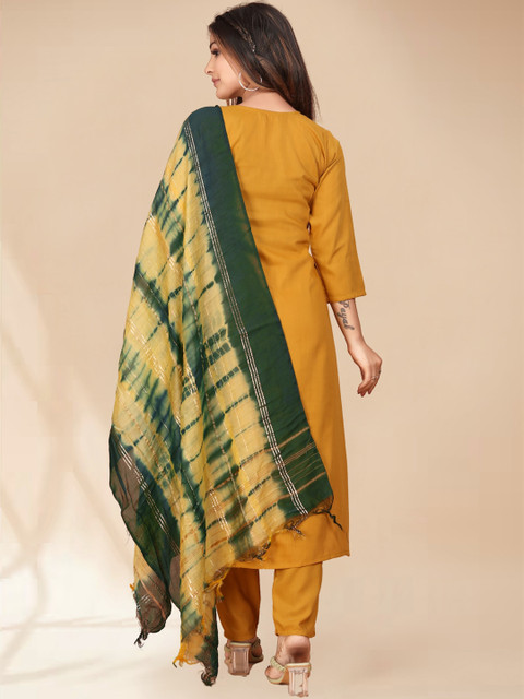 Anouk Yellow Ethnic Motifs Yoke Design Thread Work Kurta with Trousers & Dupatta - Image 5