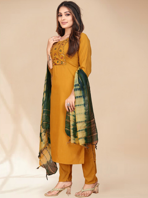 Anouk Yellow Ethnic Motifs Yoke Design Thread Work Kurta with Trousers & Dupatta - Image 4