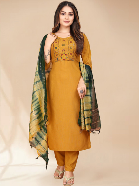 Anouk Yellow Ethnic Motifs Yoke Design Thread Work Kurta with Trousers & Dupatta - Image 2