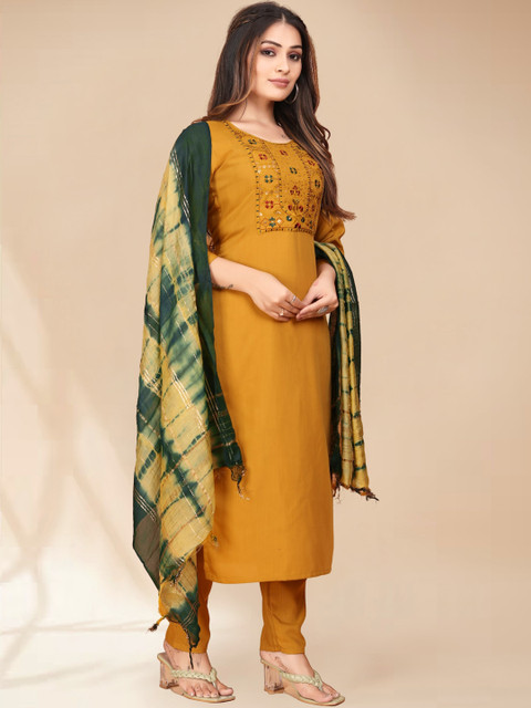 Anouk Yellow Ethnic Motifs Yoke Design Thread Work Kurta with Trousers & Dupatta - Image 3
