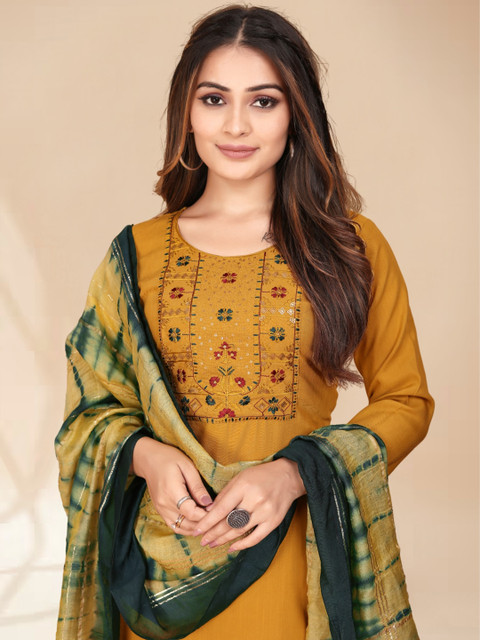Anouk Yellow Ethnic Motifs Yoke Design Thread Work Kurta with Trousers & Dupatta
