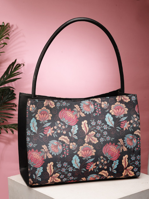 Sangria Black Floral Printed Structured Tote Bag