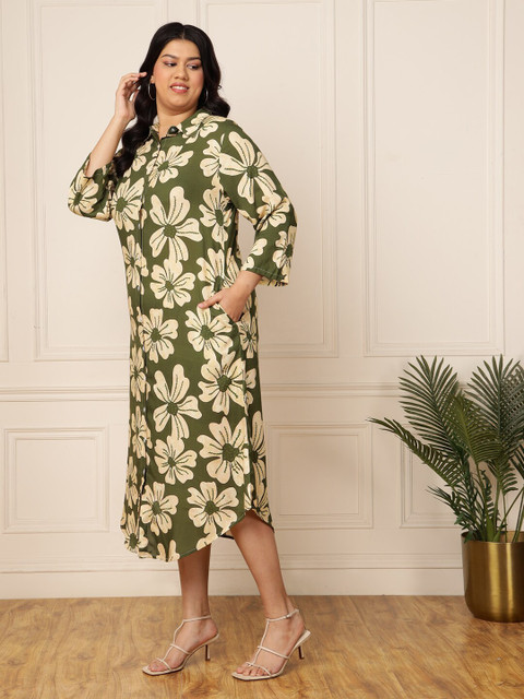 DEEBACO Plus Size Floral Printed Shirt Style Midi Dress - Image 4