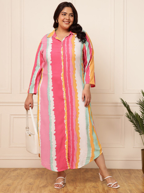 DEEBACO Plus Size Striped Print Shirt Collar A-Line Maxi Dress