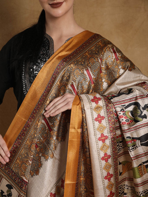 Exotic India Golden Orange Batik Afro Women Motif Printed Banglori Satin Dupatta - Image 2