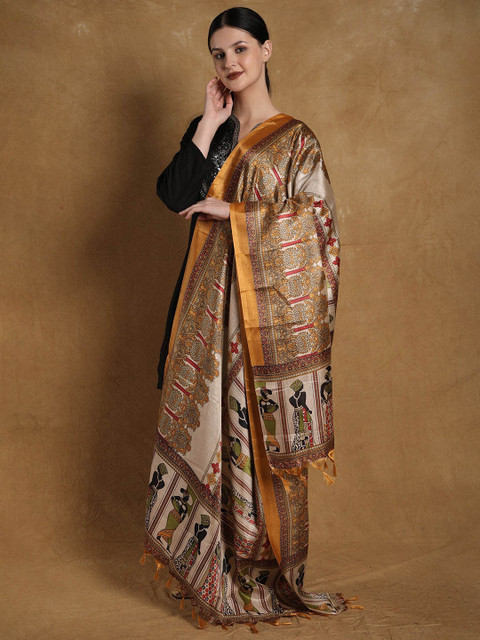 Exotic India Golden Orange Batik Afro Women Motif Printed Banglori Satin Dupatta - Image 4