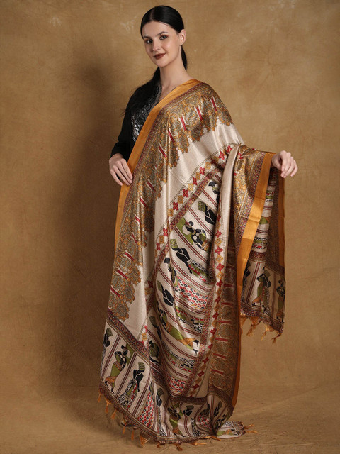 Exotic India Golden Orange Batik Afro Women Motif Printed Banglori Satin Dupatta - Image 3