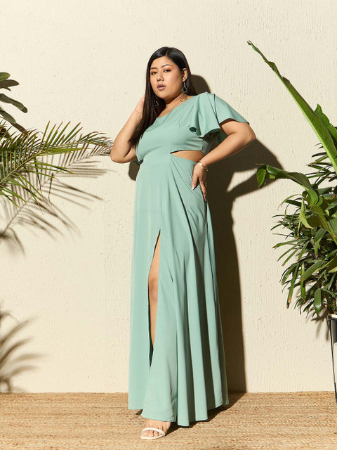 Berrylush Curve Plus Size Green Cut-Outs Round Neck Flared Sleeves Maxi Dress - Image 3