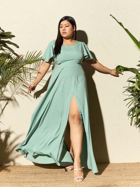 Berrylush Curve Plus Size Green Cut-Outs Round Neck Flared Sleeves Maxi Dress - Image 5