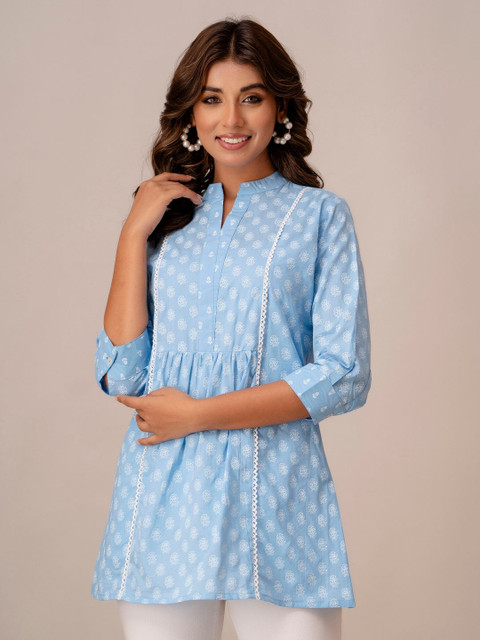 Kohsh Ethnic Motifs Print Mandarin Collar Pure Cotton A-Line Kurti