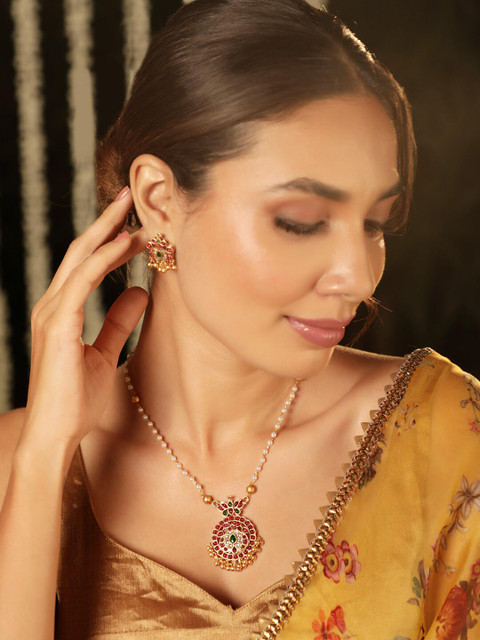 Rubans 22K Gold-Plated Ruby & Emerald Kundan Studded and White Pearls Beaded Jewelery Set