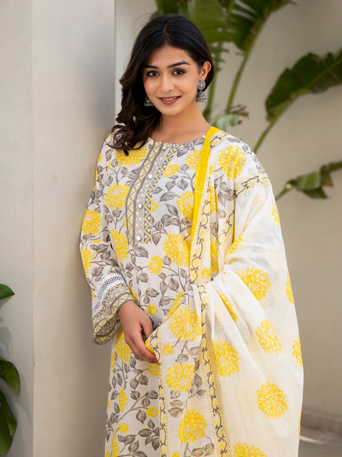Yufta Yellow Floral Printed Thread Work Pure Cotton Straight Kurta With Trousers & Dupatta