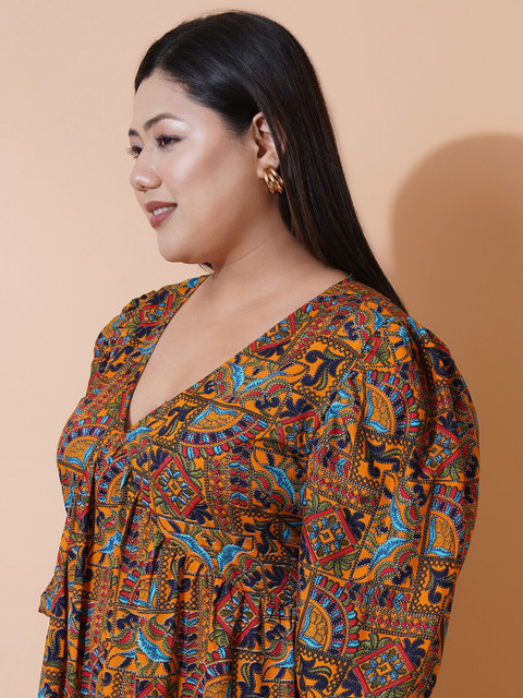 U&F Beyond Plus Size Floral Printed V-Neck Puff Sleeves Tiered Empire Maxi Dress - Image 2