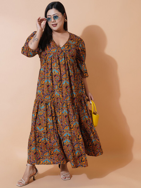 U&F Beyond Plus Size Floral Printed V-Neck Puff Sleeves Tiered Empire Maxi Dress - Image 5