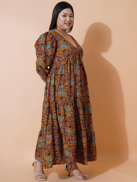 U&F Beyond Plus Size Floral Printed V-Neck Puff Sleeves Tiered Empire Maxi Dress - Image 3