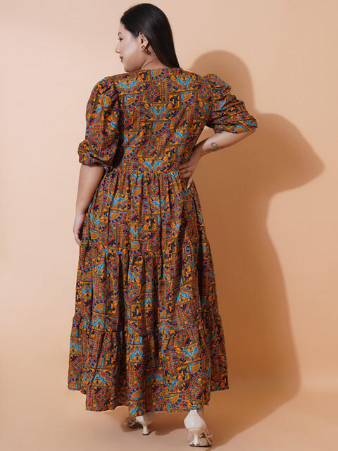 U&F Beyond Plus Size Floral Printed V-Neck Puff Sleeves Tiered Empire Maxi Dress - Image 4