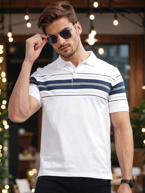 ADRO Striped Oversized Polo Collar Pure Cotton T-shirt