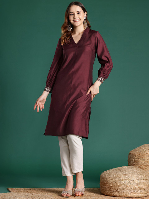 Sangria Sequin Detail Straight Kurta - Image 3