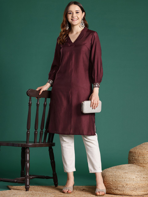 Sangria Sequin Detail Straight Kurta - Image 6